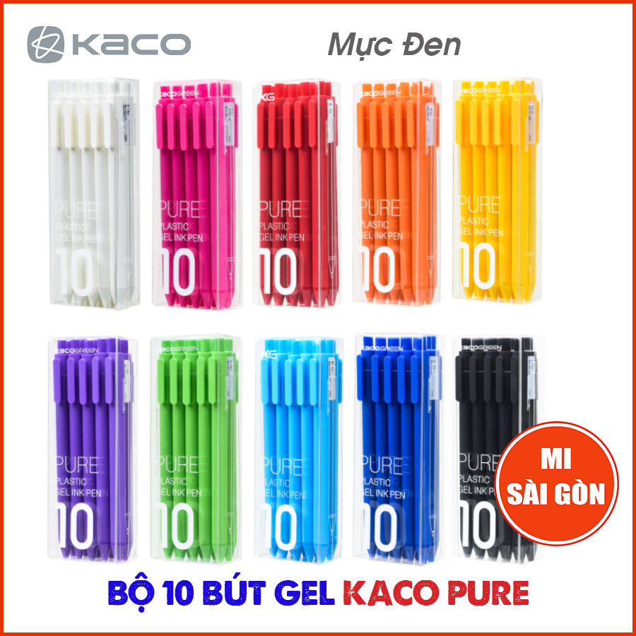 Bộ 10 bút gel mực đen kaco pure cao cấp - ngòi 0.5mm