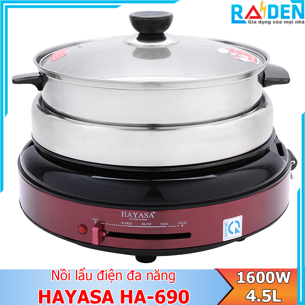 Nồi lẩu điện đa năng 4.5L Hayasa HA-690 với các chức năng nấu lẩu canh kho hấp nướng chiên xào (Màu ngẫu nhiên)