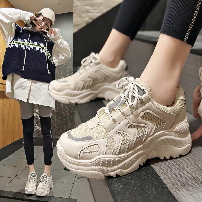 Giày thể thao sneaker nữ đế răng cưa phong cách hàn quốc ulzzang màu trắng màu kem độn đế cao da chất siêu đẹp giá rẻ hot 2023