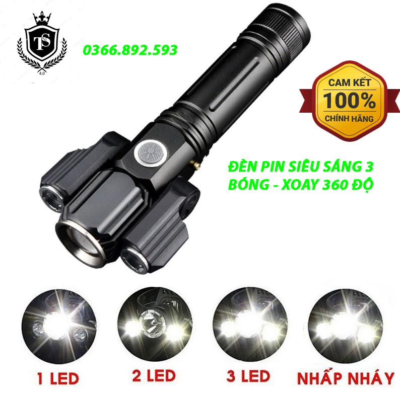 Đèn pin siêu sáng 3 bóng xoay 360 độ, 4 chế độ, hàng loại 1