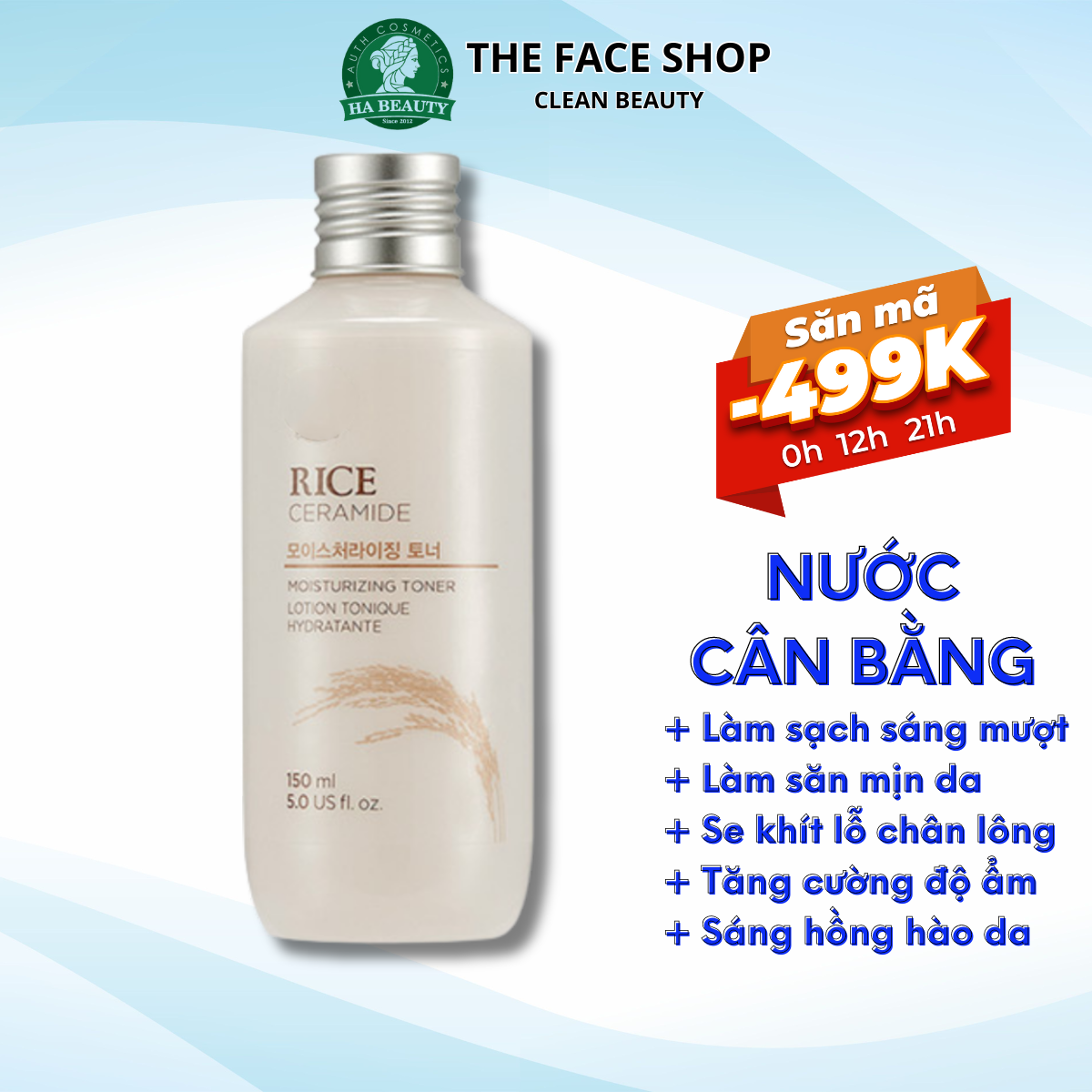 Nước hoa hồng trắng da dưỡng ẩm se khít lỗ chân lông cấp ẩm The Face Shop Rice Ceramide Moisturizing Toner 150ml
