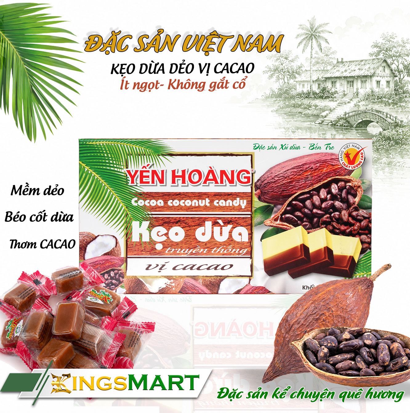 [Xóm nhỏ]  Kẹo dừa dẻo vị cacao ít ngọt – Mềm dẻo béo thơm –  Thương hiệu Yến Hoàng – Hộp 250g -  Đặc sản Bến Tre - Kingsmart