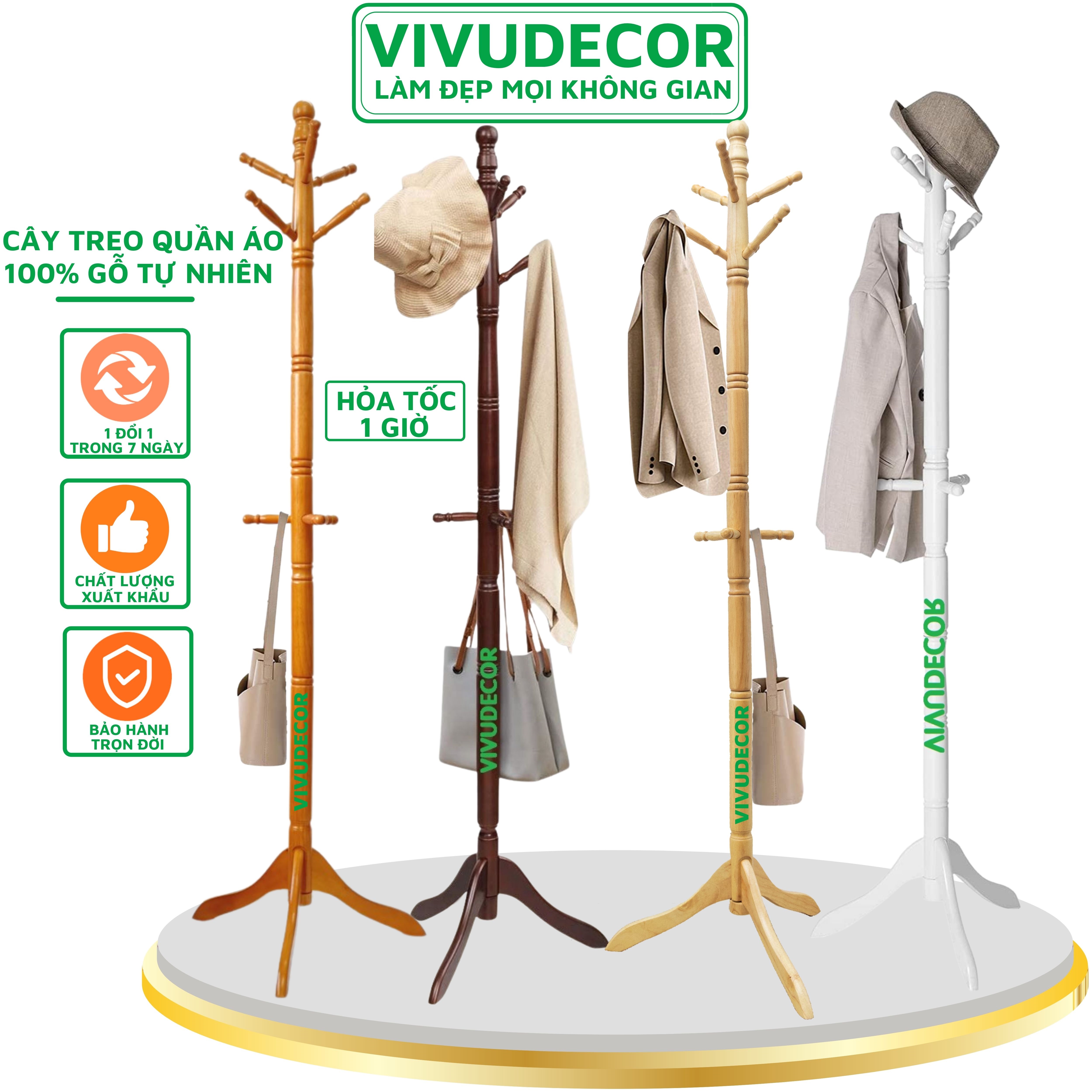 Cây treo quần áo VIVUDECOR CT09 gỗ tự nhiên 9 nhánh