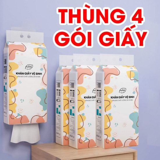 Thùng 4 gói khăn giấy TopGia, khăn giấy treo tường dạng rút đáy đa sắc 1280 tờ