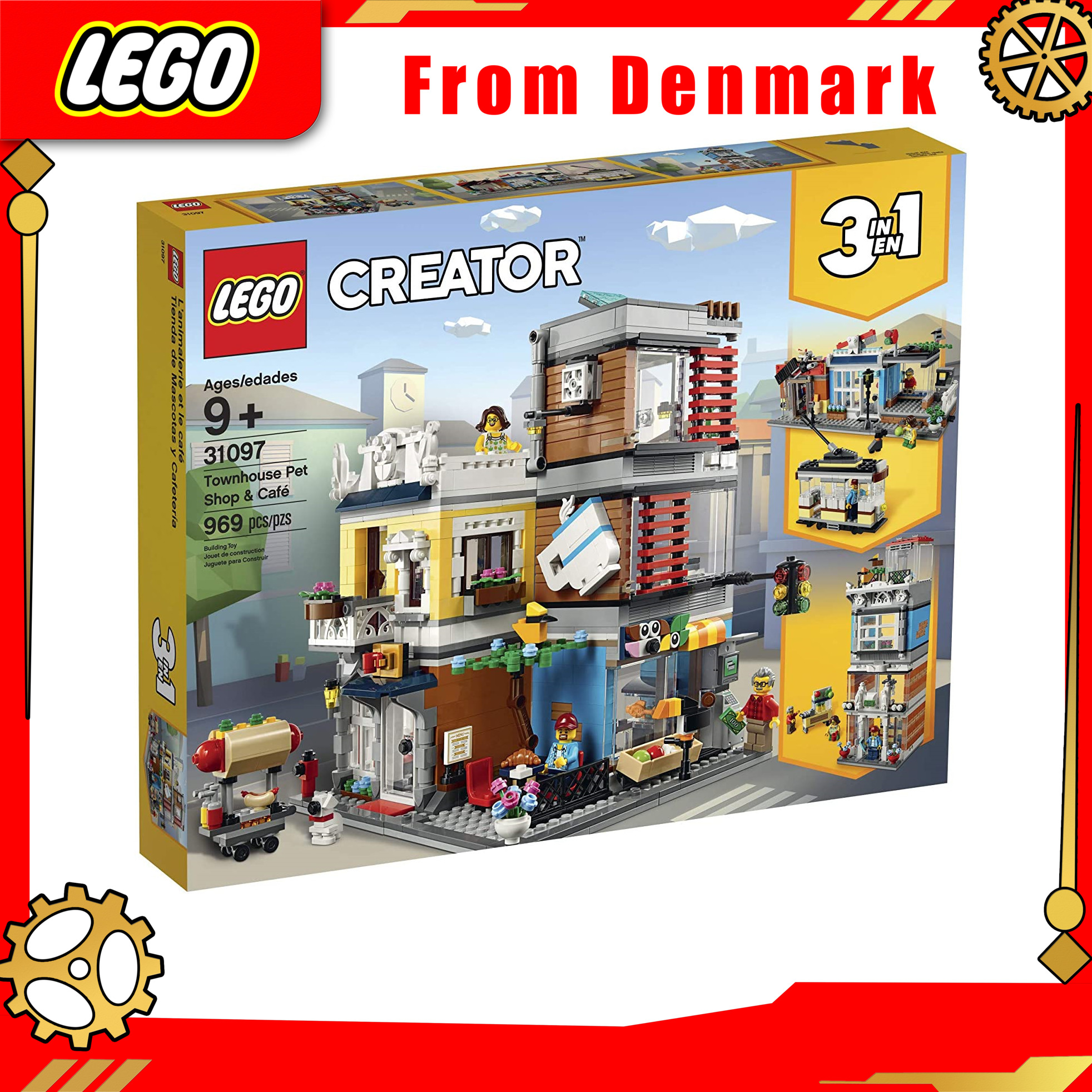 【From Denmark】LEGO Creator 3 in 1 Townhouse Pet Shop and Café 31097 Toy shop building set with toy tram, animal figurines and minifigures (969 pieces) guaranteed Genuine From Denmark