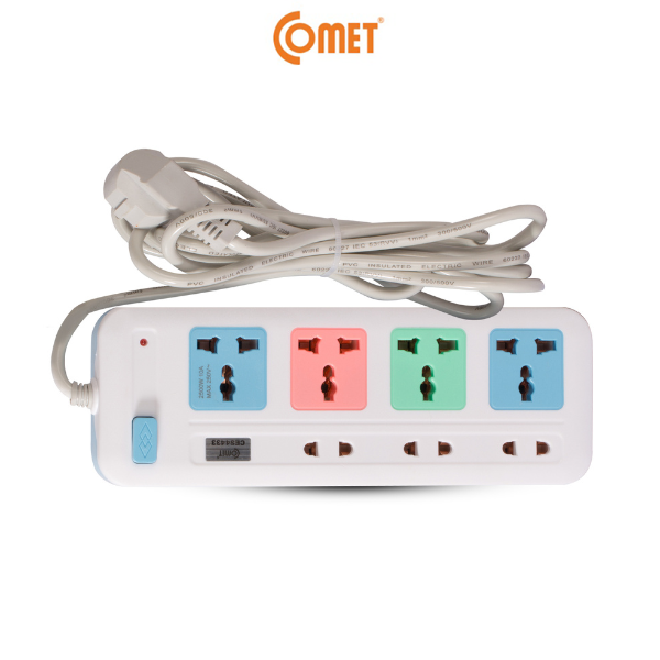 Ổ cắm điện nối dài comet ces4433 nhựa abs cao cấp, thiết kế 4 lỗ cắm 3 chấu và 3 lỗ cắm 2 chấu, dây 3m - hàng chính hãng