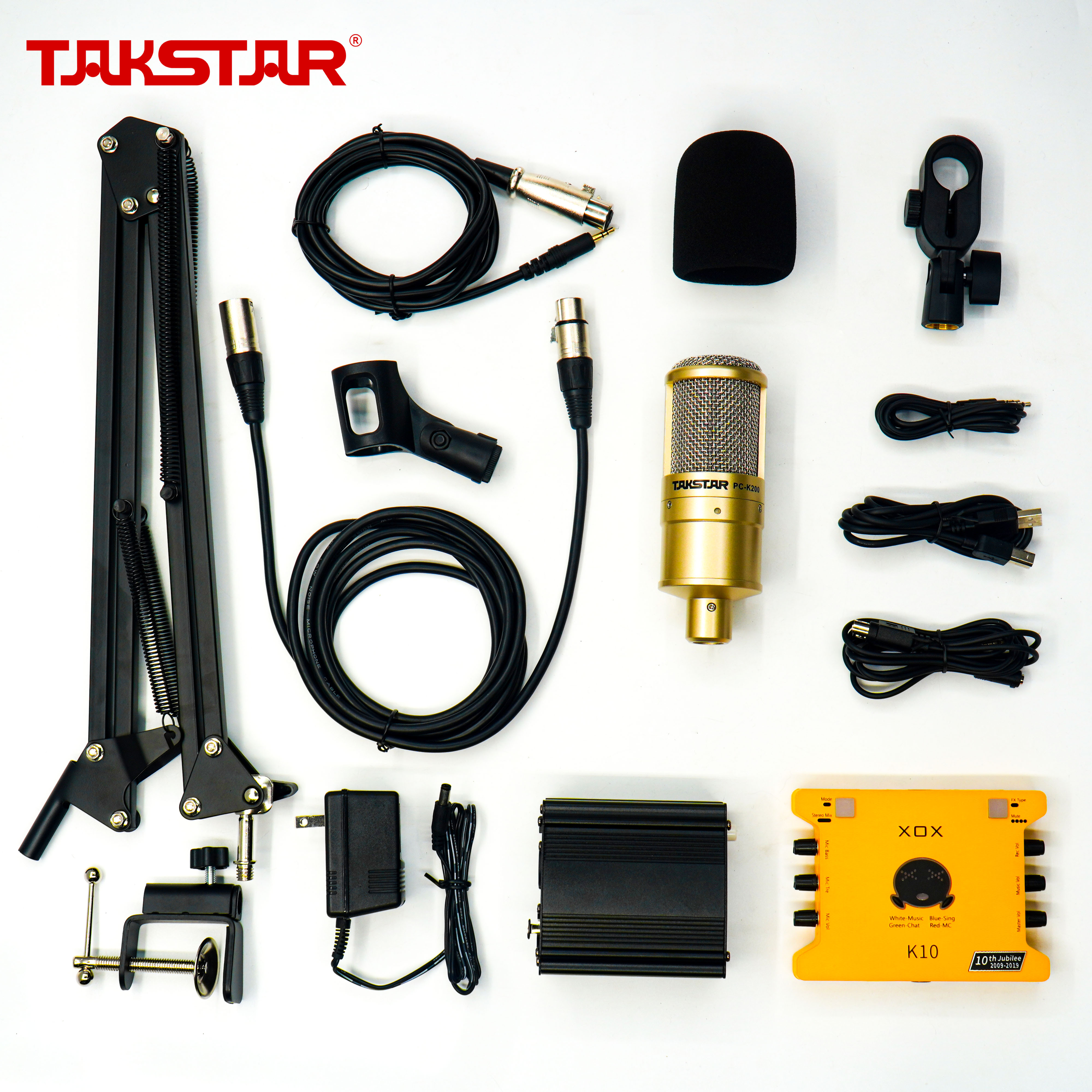 BỘ COMBO THU ÂM LIVESTREAM HÁT KARAOKE ĐẦY ĐỦ SOUND CARD K10 XOX, MIC TAKSTAR PC-K200, NGUỒN 48V & PHỤ KIỆN BẢO HÀNH 1 NĂM