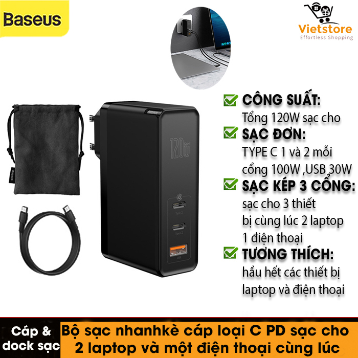 Bộ sạc nhanh { GaN mini quick charger C+C+U 120W } kèm 1 cáp loại C PD . Củ sạc USB C Sạc QC4.0 QC3.0 cho 2 laptop và một điện thoại cùng lúc . 2 màu trắng đen , chân sạc tròn và dẹp