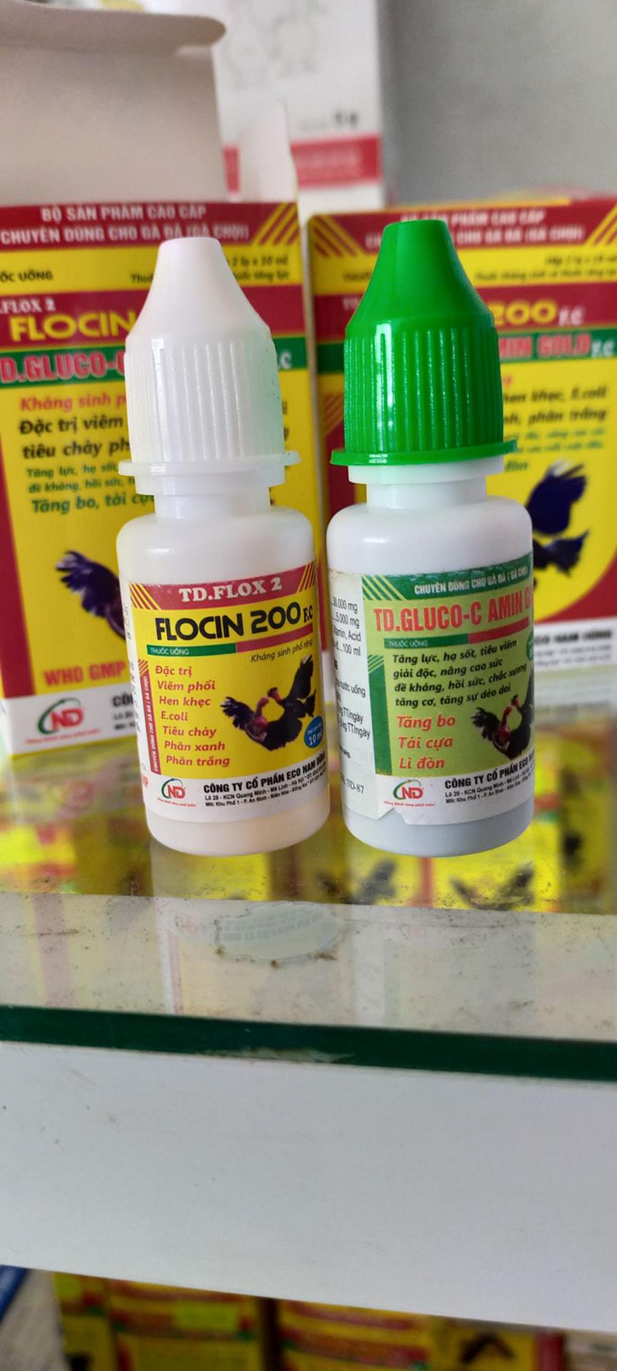Sản phẩm cho gà đá cặp kháng sinh + tăng lực gà đá hộp 2 chai Flocin 200  [mỗi chai 10 ml]