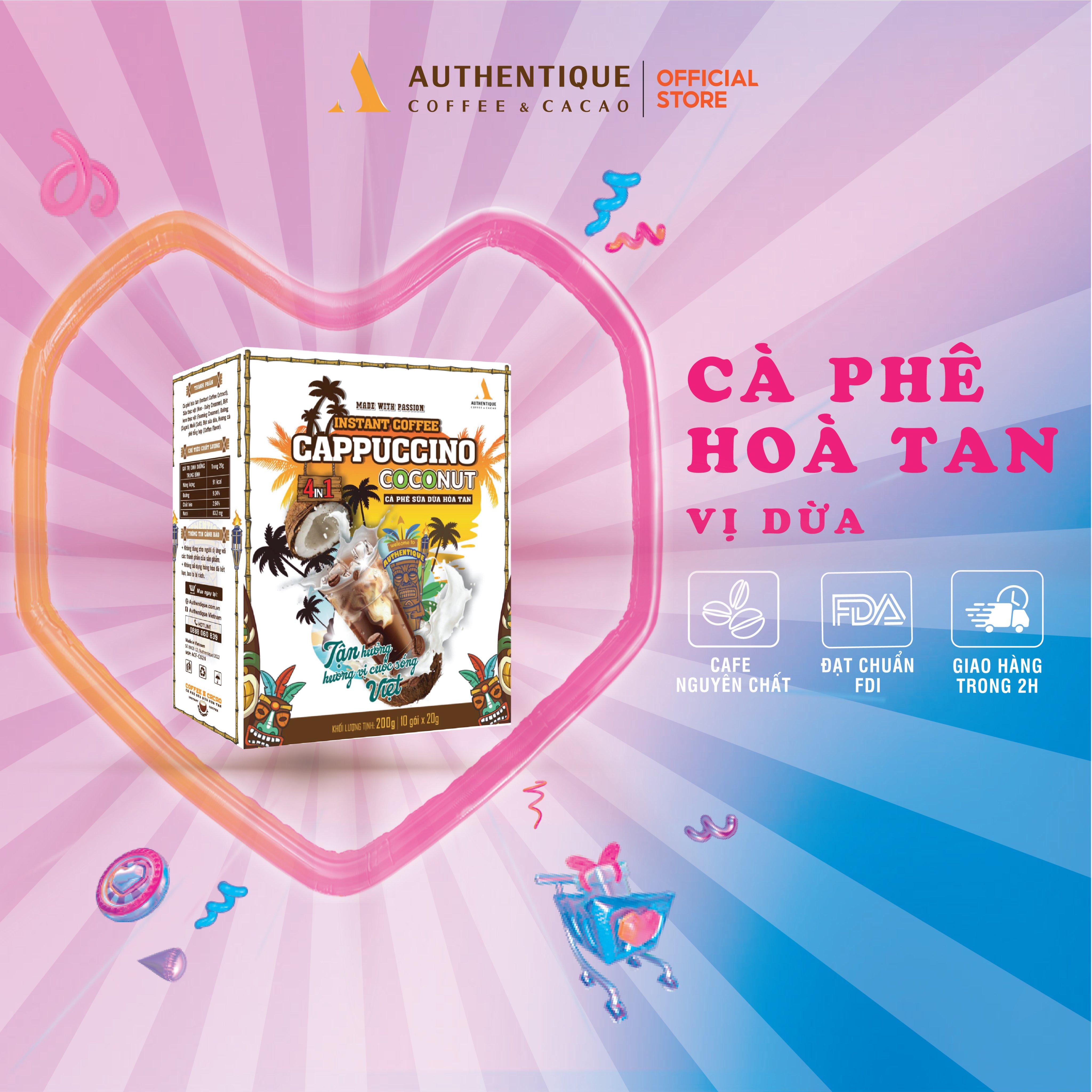 Cà phê sữa hòa tan Authentique vị Dừa 4in1 | Cappuccino Coconut Authentique Instant Coffee