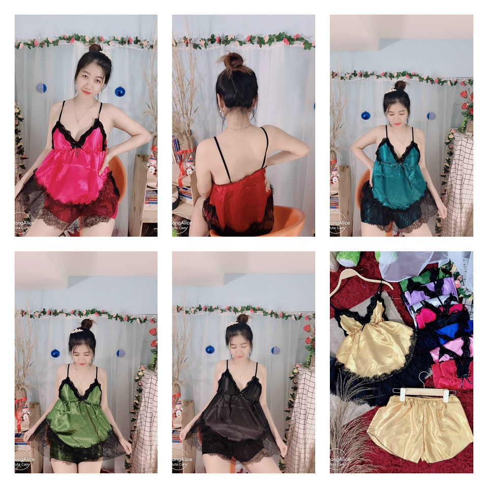 Bộ đổ ngủ phi bóng phối ren Sexy Set bộ phi bóng 2 dây siêu xinh Freesize dưới 58kg