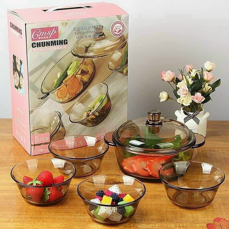 Combo bộ 5 món nồi & 4 bát thuỷ tinh chịu nhiệt bp