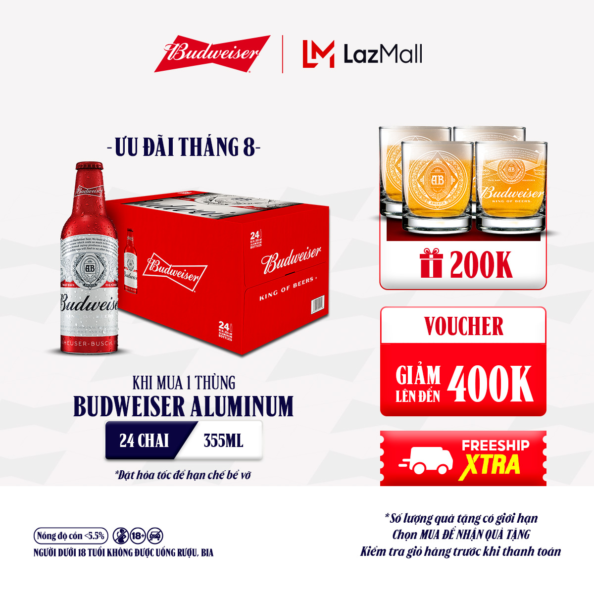 Thùng 24 Chai Aluminum Bia Budweiser Chính Hãng (355ml/ chai)