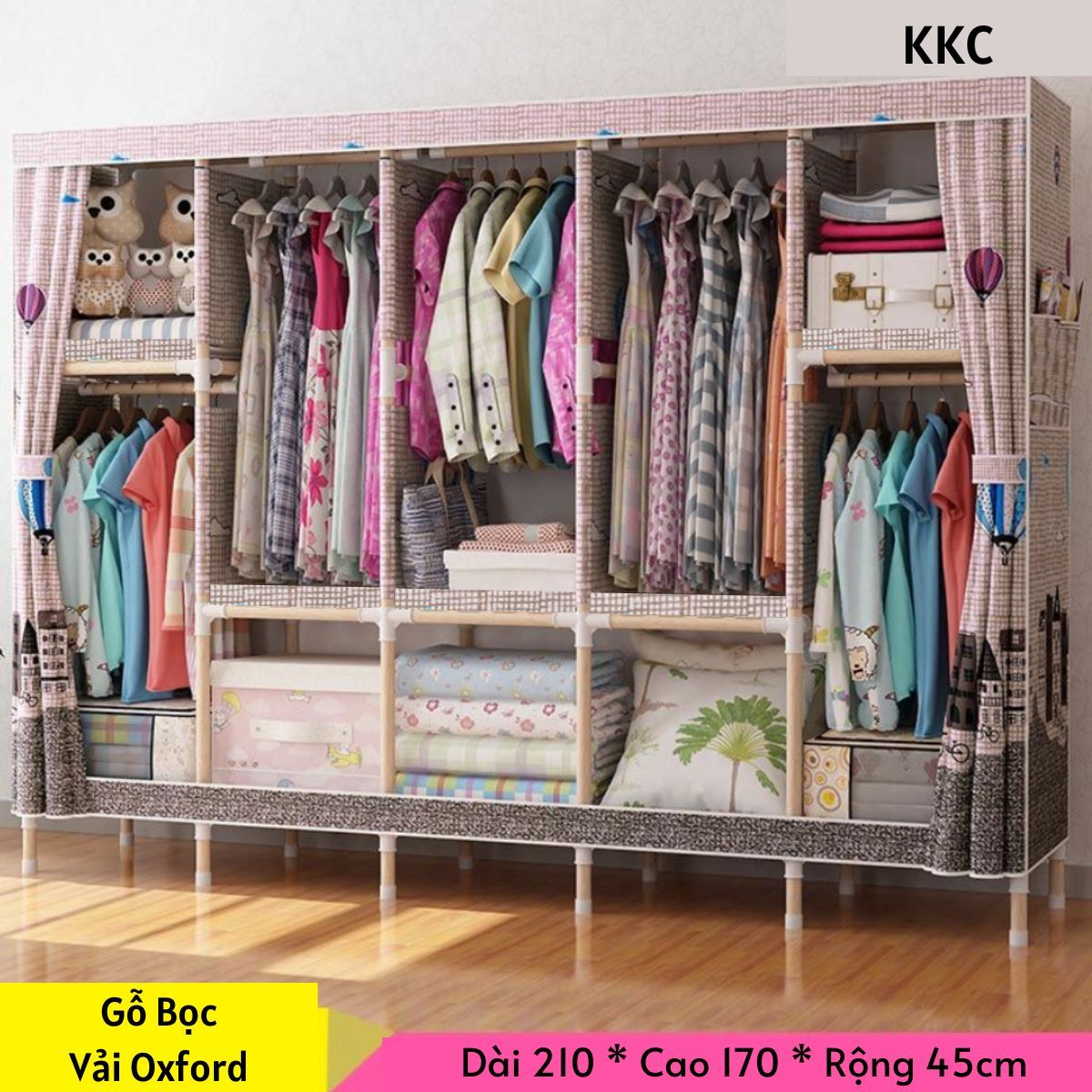 Kệ tủ đựng quần áo tủ vải khung gỗ bọc nhựa chống ẩm mốc mối mọt 5 buồng 10 ngăn thanh treo quần áo cỡ 2m1 cực lớn của tủ gỗ