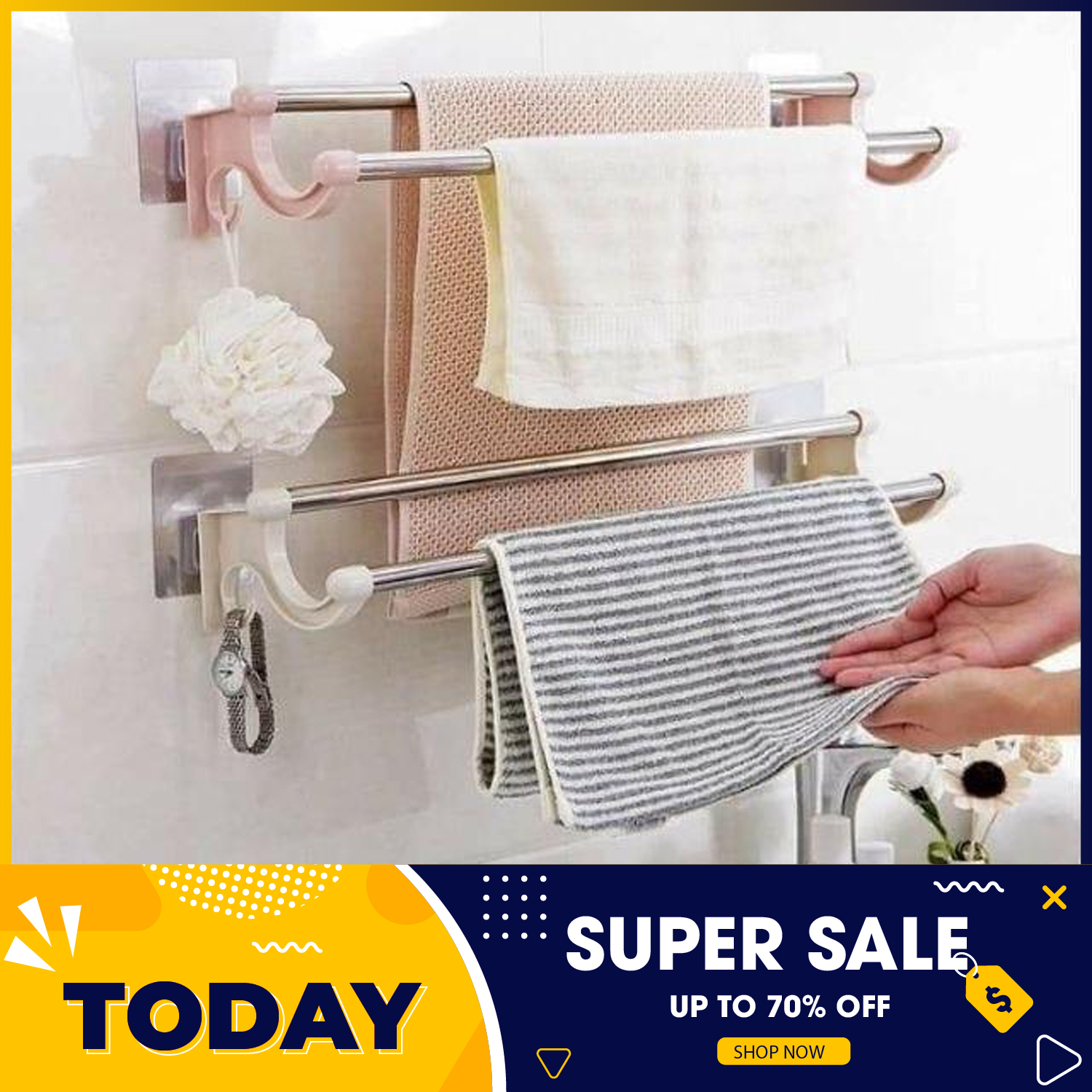 Giá treo khăn, giá treo khăn mặt dán chân không, giá treo khăn đôi, 2 thanh Inox dán tường, Móc treo khăn dán tường, Móc treo khăn mặt (giao màu ngẫu nhiên)