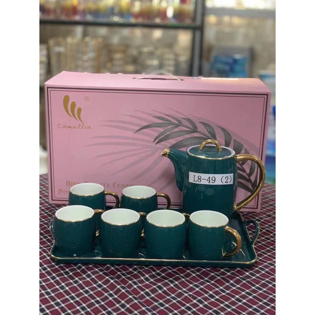 Bộ Ấm Chén Kèm Khay Xanh Cổ Vịt Viền Vàng