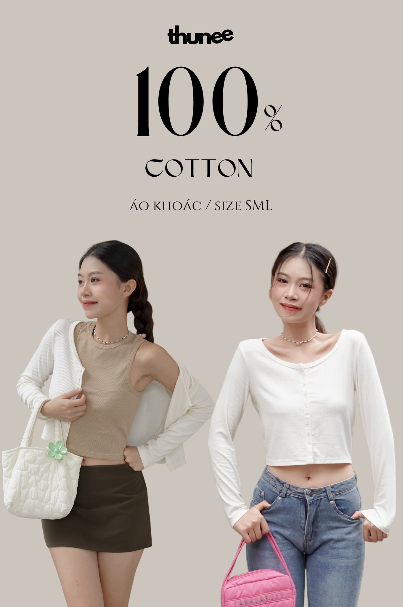 Thunee Áo khoác, Áo tay dài nữ 2in1 100% Cotton Gân / Áo thun Cotton Croptop tay dài nữ / Áo khoác cardigan / Áo khoác nữ / Áo lửng tay dài nữ