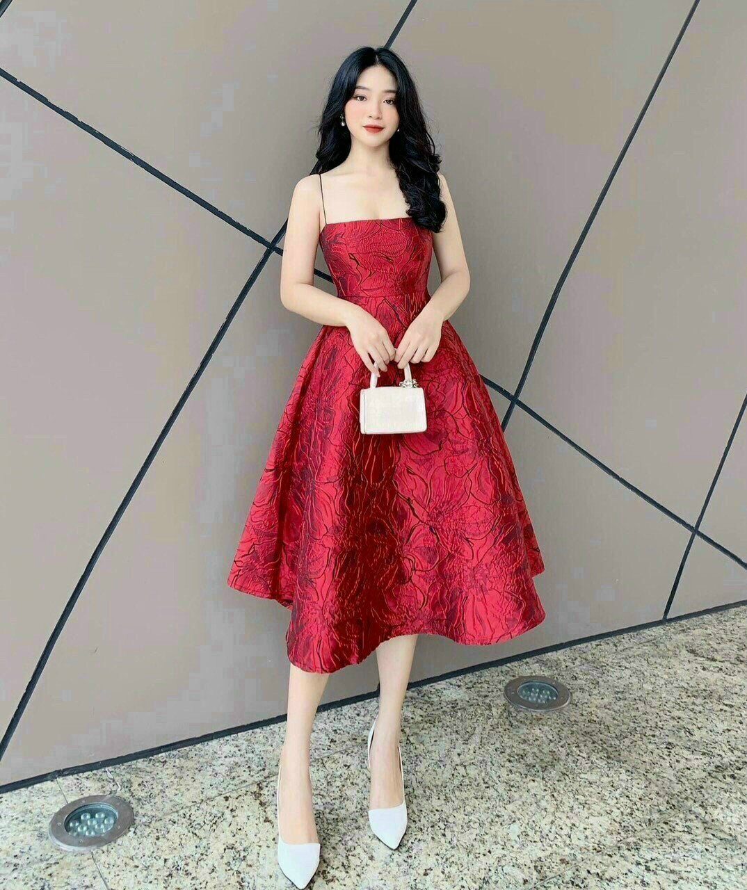 Đầm gấm thiết kế đầm gấm 2 dây dự tiệc dạo phố cực xinh chất vải gấm loại 1 may 2 lớp