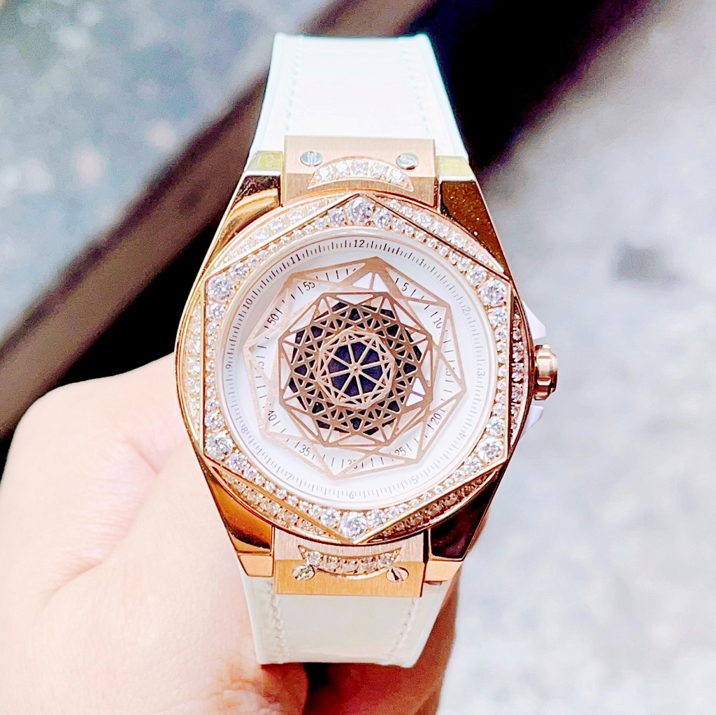 [HCM]Đồng Hồ Huboler Hanboro Nữ Dây Silicon Bọc Da Trắng Rose Gold Chính Hãng 38mm