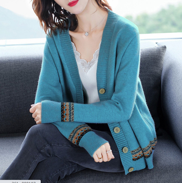 Áo khoác len nữ cardigan phối viền thổ cẩm