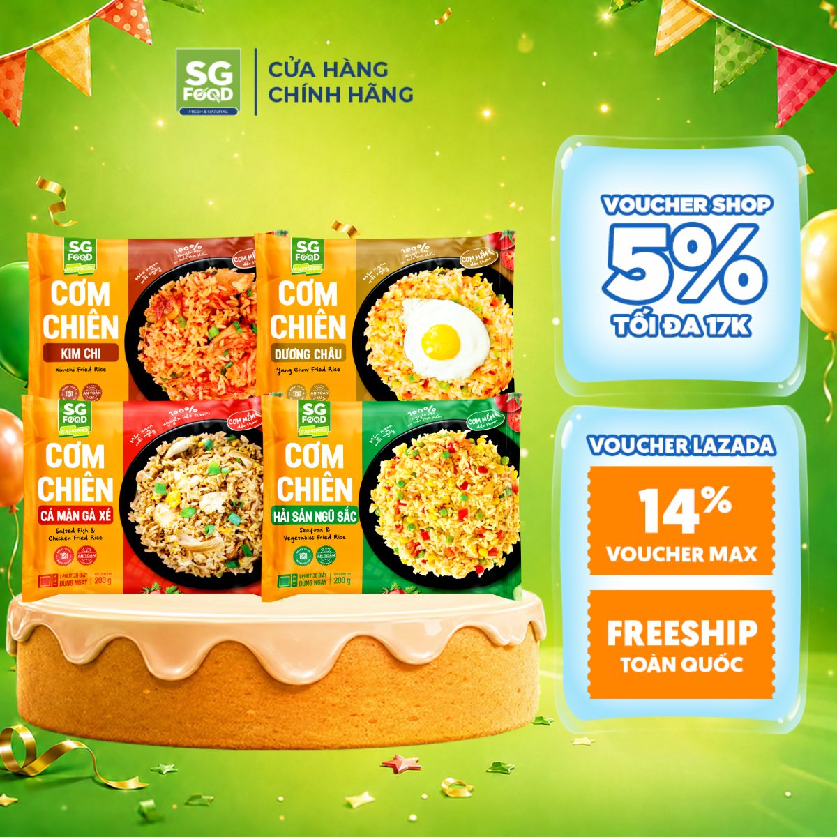 Combo 4 cơm chiên SG Food mix vị dương châu, hải sản ngũ sắc, kim chi, cá mặn gà xé 200g