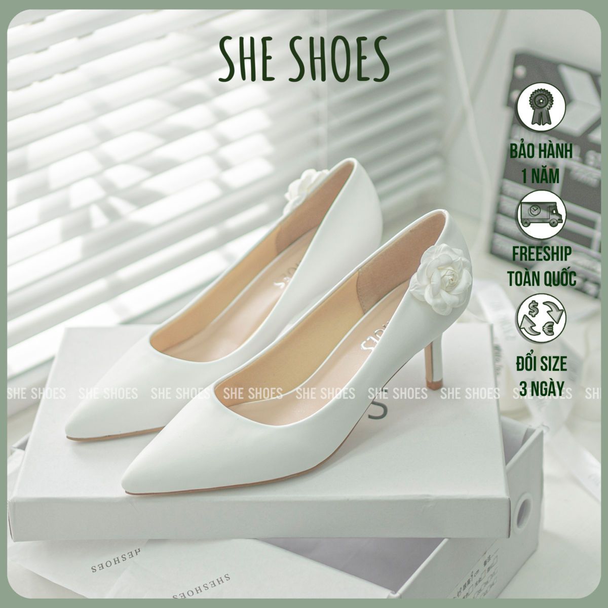 Giày cưới, giày cao gót đính hoa trà 5 phân cao cấp độc quyền bởi sheshoes