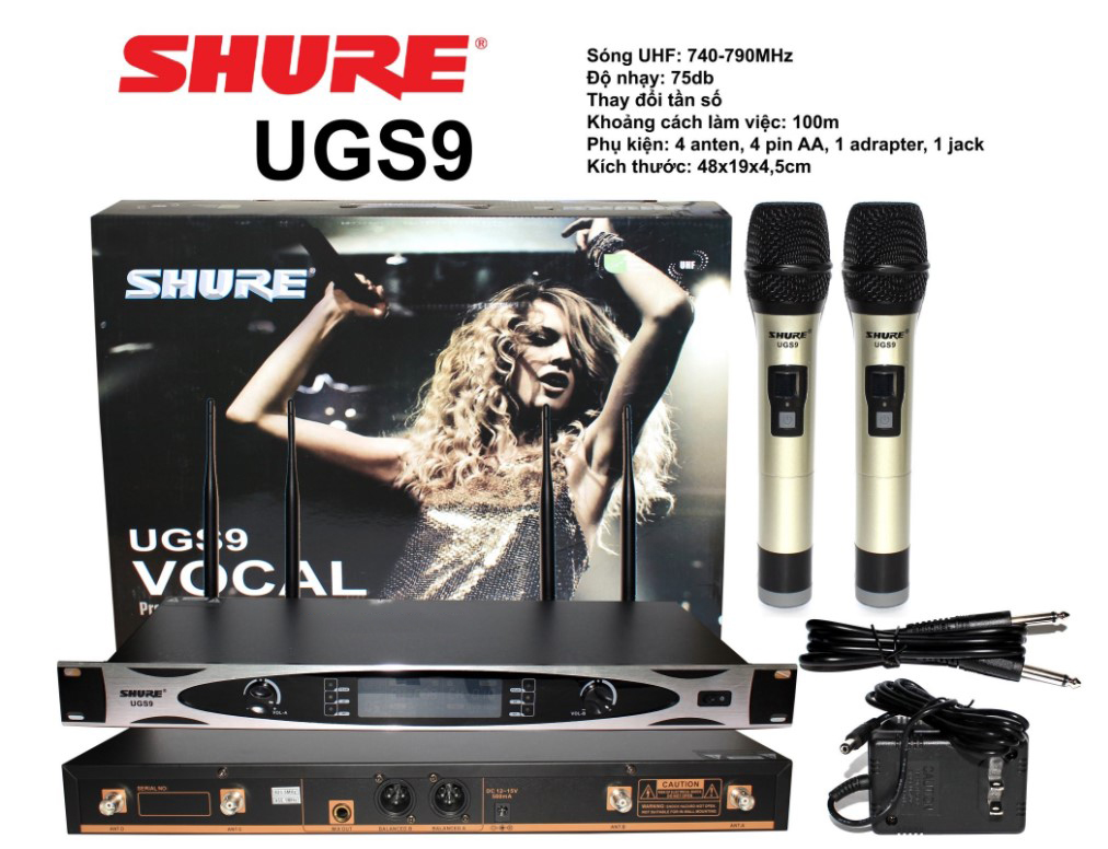 Bộ 2 micro không dây shure ugsm9, nơi bán micro không dây shure ugs-m9 giá rẻ, màn hình led hiển thị, chống hú chống rè khi hát tuyệt đối.