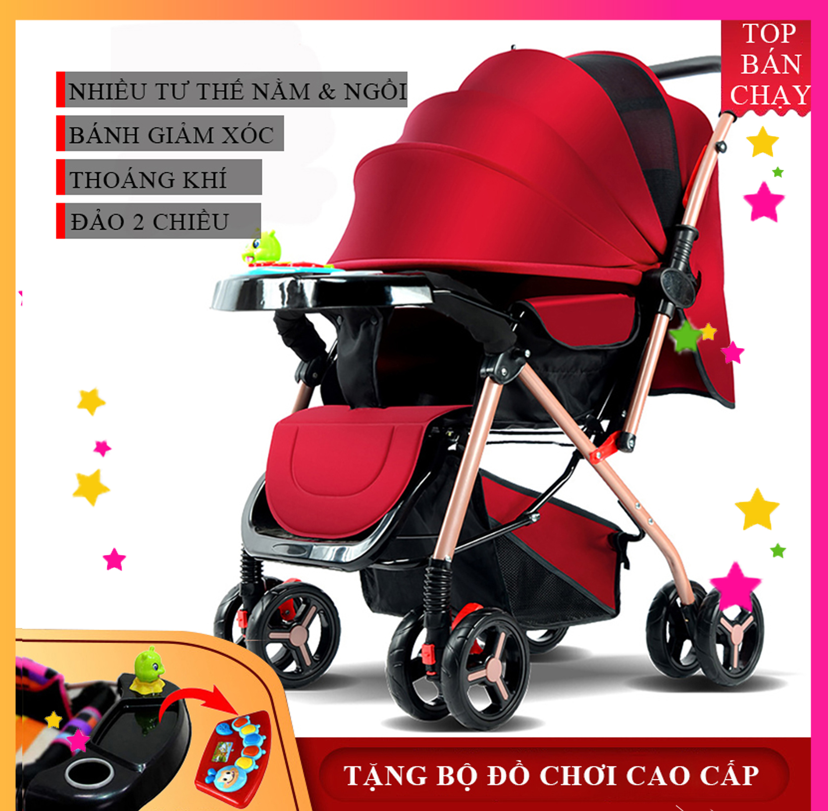 Xe nôi - Xe đẩy em bé bản cao cấp hai chiều ba tư thế nằm, ngả, ngồi siêu nhẹ có thể gấp xách tay ( Bảo hành 2 năm lỗi 1 đổi 1 trong 7 ngày )