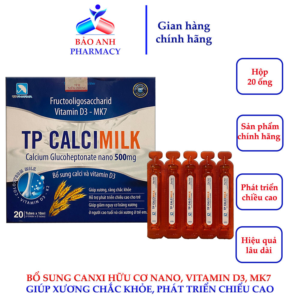 TP CALCI MILK bổ sung Canxi nano, canxi hữu cơ, vitamin d3 mk7, dha, sữa non giúp bé phát triển chiều cao, Dùng cho bé từ 2 tuổi - Hộp 20 ống