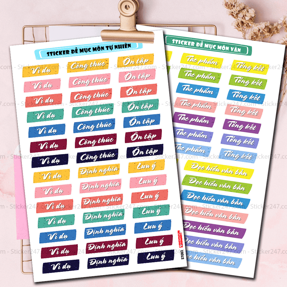Sticker đề mục môn văn, môn tự nhiên, anh văn 🌈𝑭𝒓𝒆𝒆𝒔𝒉𝒊𝒑 decal vinyl trong suốt - sticker nhãn vở ham học