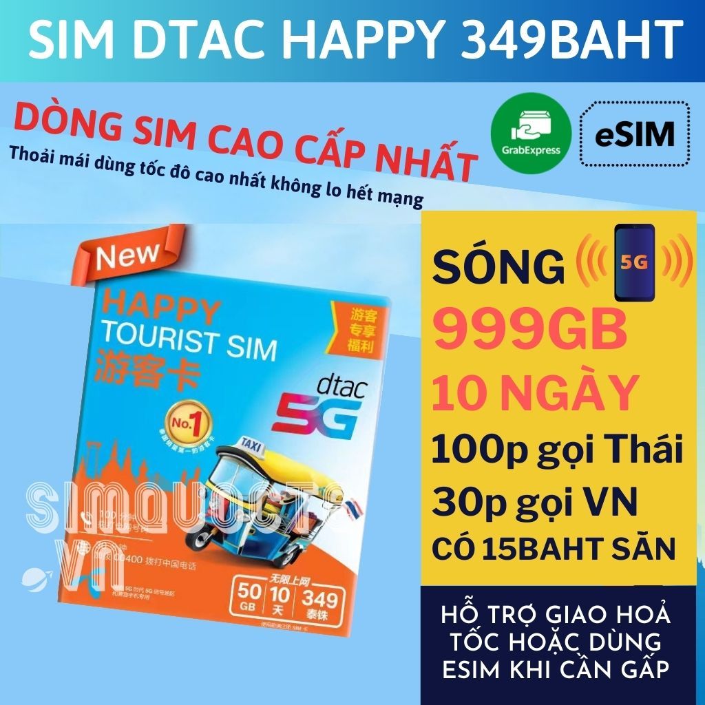 Thẻ vào mạng 4G Sim Du Lịch Thái Lan DTAC HAPPY TOURIST Tốc Độ Cao 15GB 16 Ngày Hỗ trợ Giao Nhanh và Esim