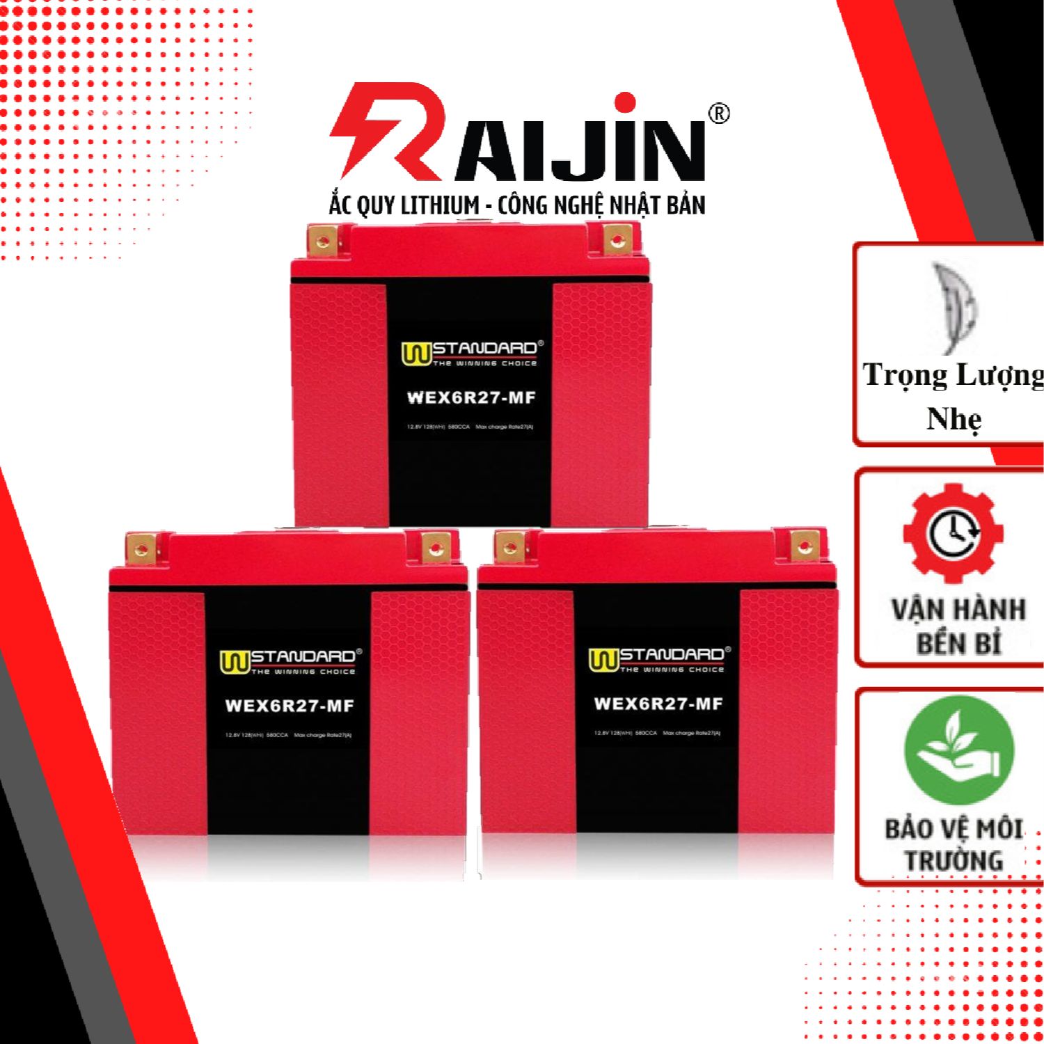 Bình ắc quy 12v xe máy lithium wex6r27-mf điện áp 580cca nhập khẩu usa dành cho xe mô tô dung tích xi-lanh lớn.