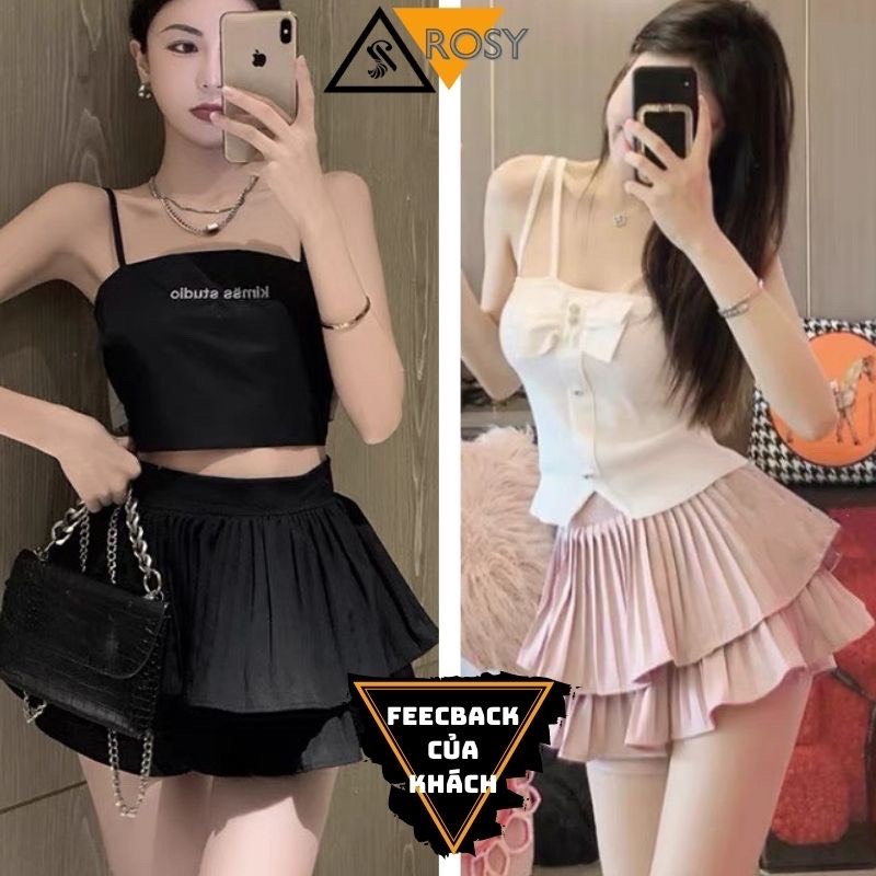 Chân váy xòe dập ly 2 tầng dáng ngắn có quần kèm trong thời trang