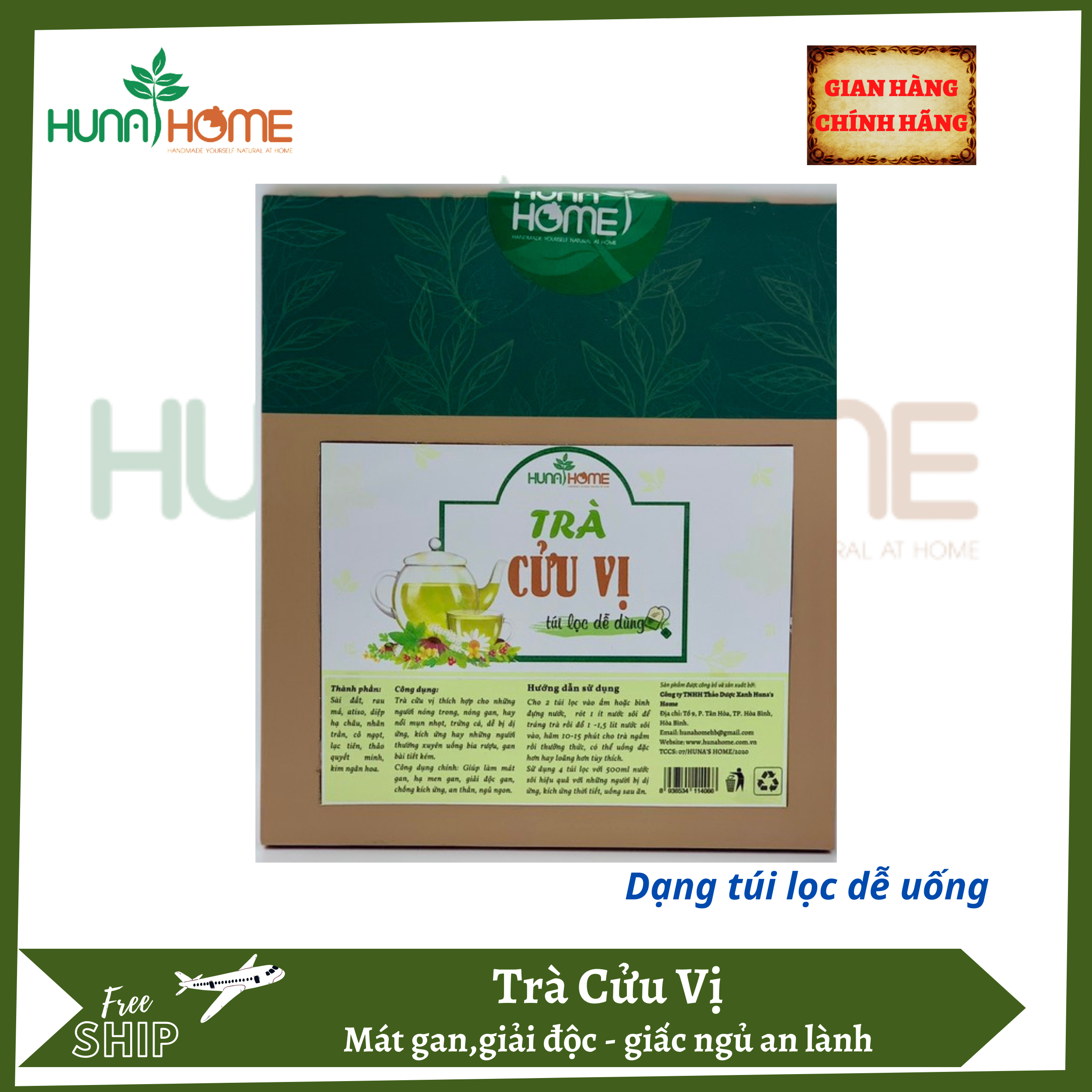Trà cửu vị Hunahome - thanh nhiệt, mát gan bằng 9 loại thảo dược quý (hộp 60 túi lọc)