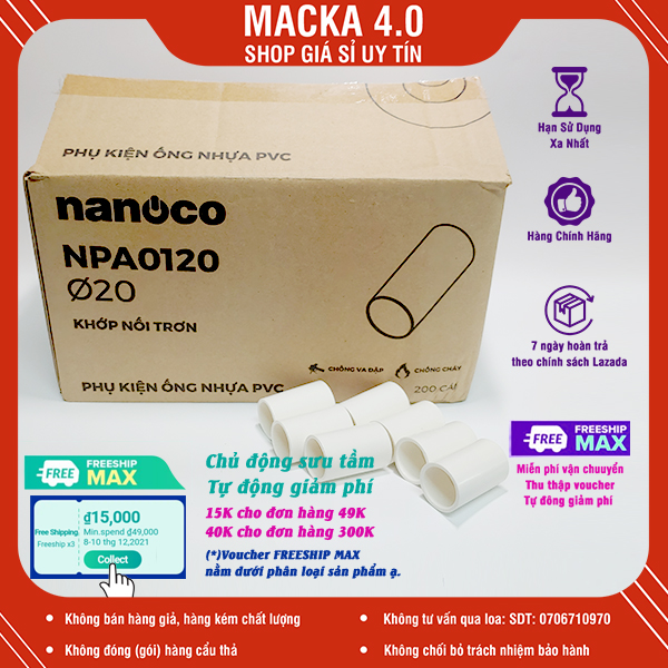 200 Khớp nối nhanh phi 20 2 đầu ống tròn Nanoco nối khớp nối trơn ống nước ống luồn dây điện phi 20