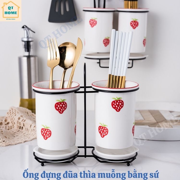 Bộ ống đựng đũa thìa muỗng bằng sứ cao cấp họa tiết dâu tây