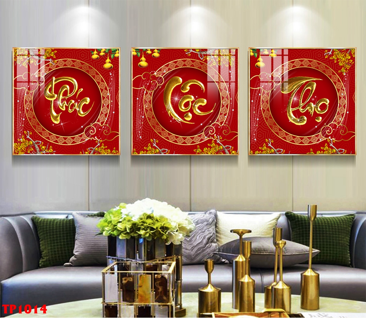 Tranh chữ thư pháp Phúc Lộc Thọ, bộ 3 tranh vuông mẫu 07, chất liệu in gỗ tráng gương bọc viền, trang trí nhà, phòng khách, quà tặng tân gia