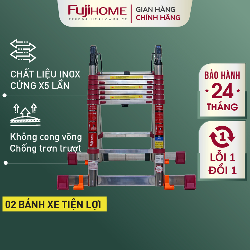 Fujihome imported genuine 4,4m-5,6m stainless steel A-pull ladder household double layer telescopic ladder