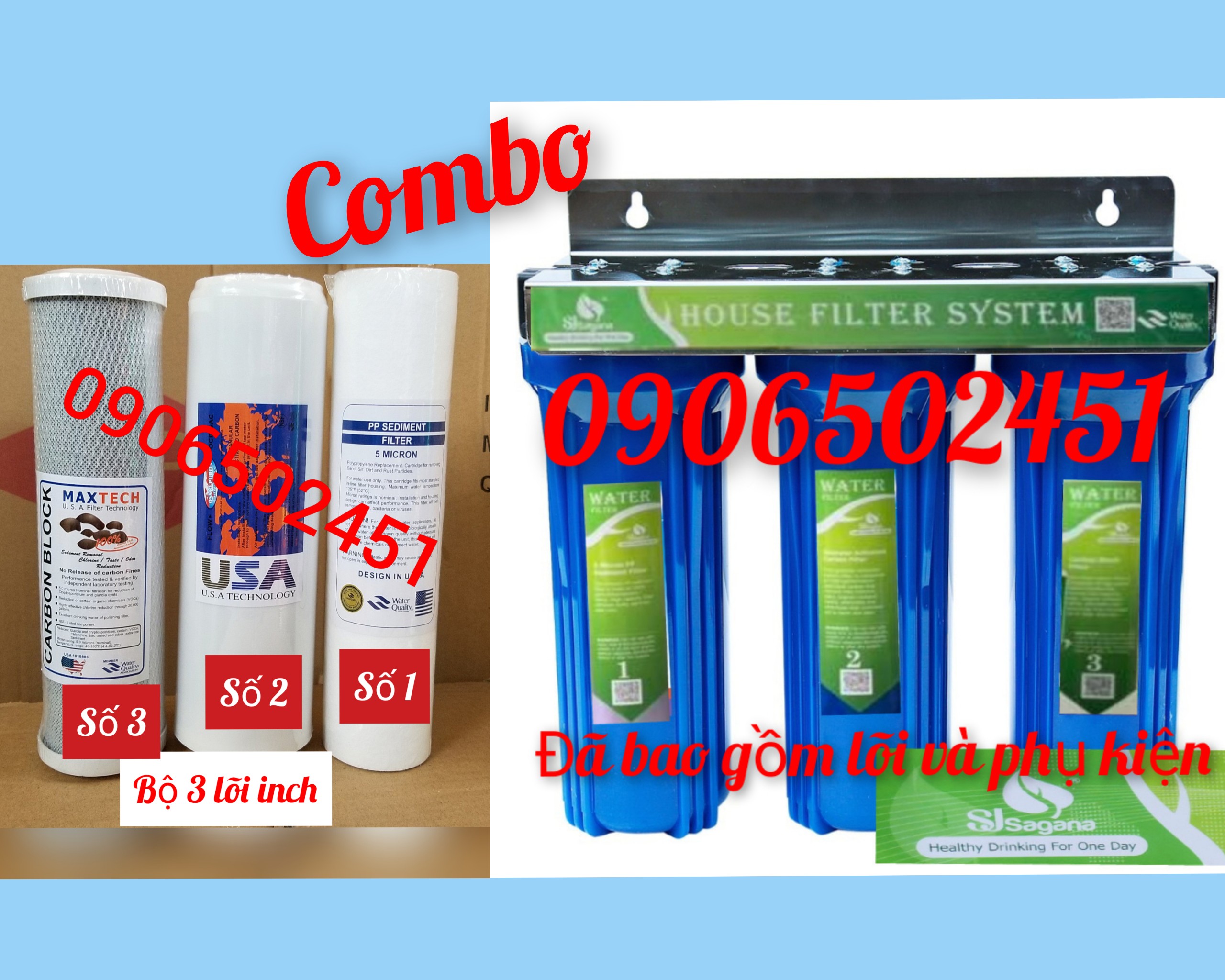 Combo bộ lọc nước sinh hoạt 3 cấp 30c3 và bộ 3 lõi lọc nước số 1 2 3 10inch