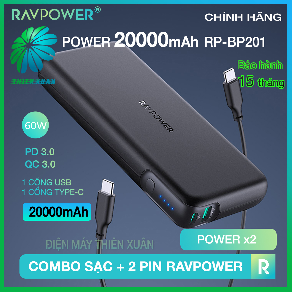 Pin sạc dự phòng ravpower 20000mah quick charge 3.0 + pd 60w, in/out type-c, sạc được macbook - rp-pb201