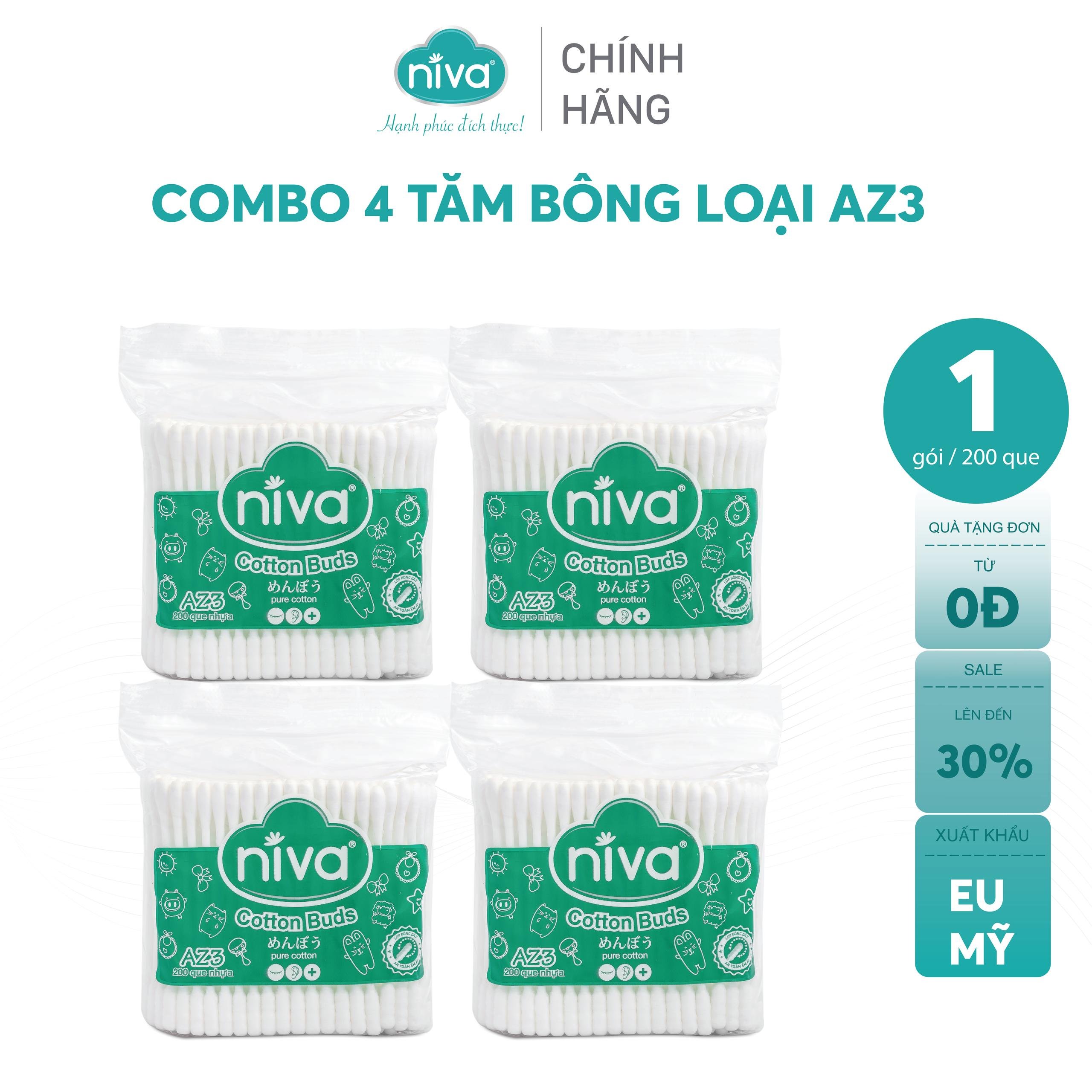 [Combo 4] Tăm Bông Niva Túi 200 Que Thân Nhựa AZ3 Đa Năng Chuyên Dùng Ngoáy Tai, Vệ Sinh, Trang Điểm