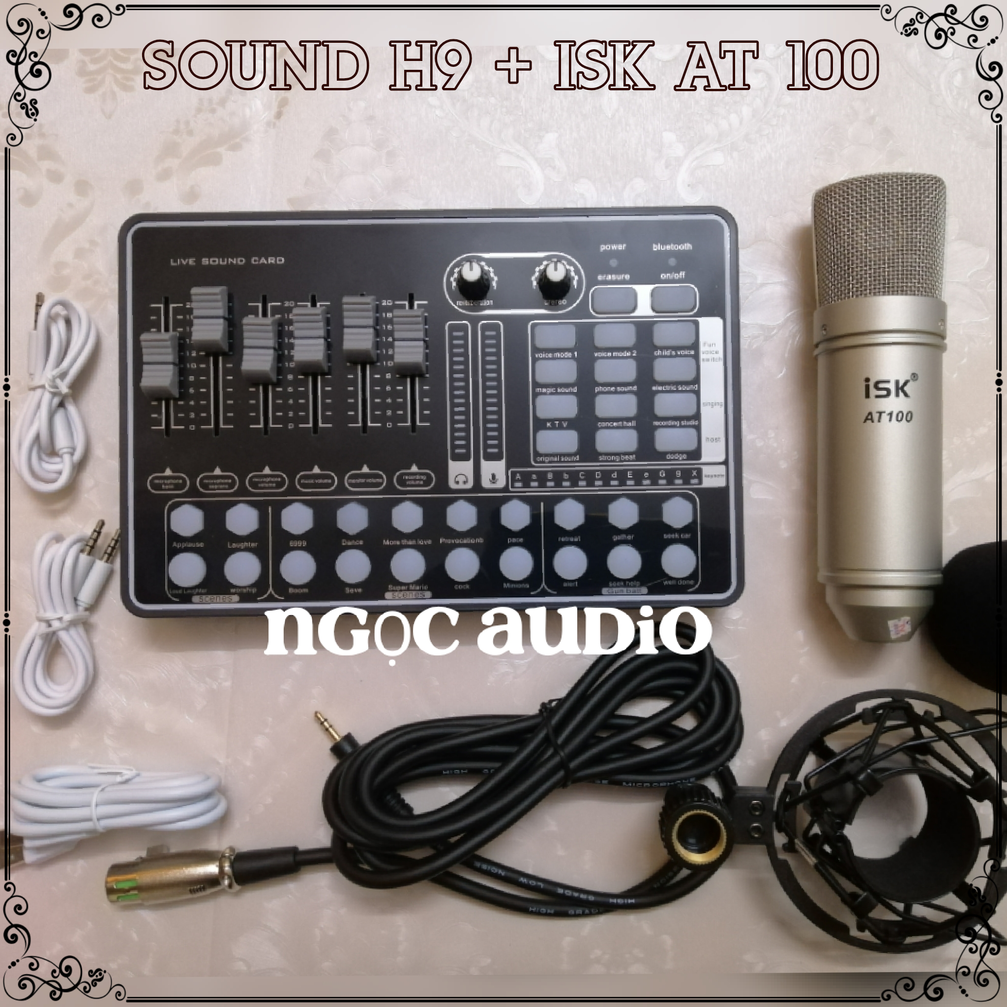 Bộ live stream 2 món sound card H9 bluetooth và micro ISK AT-100 đủ dây