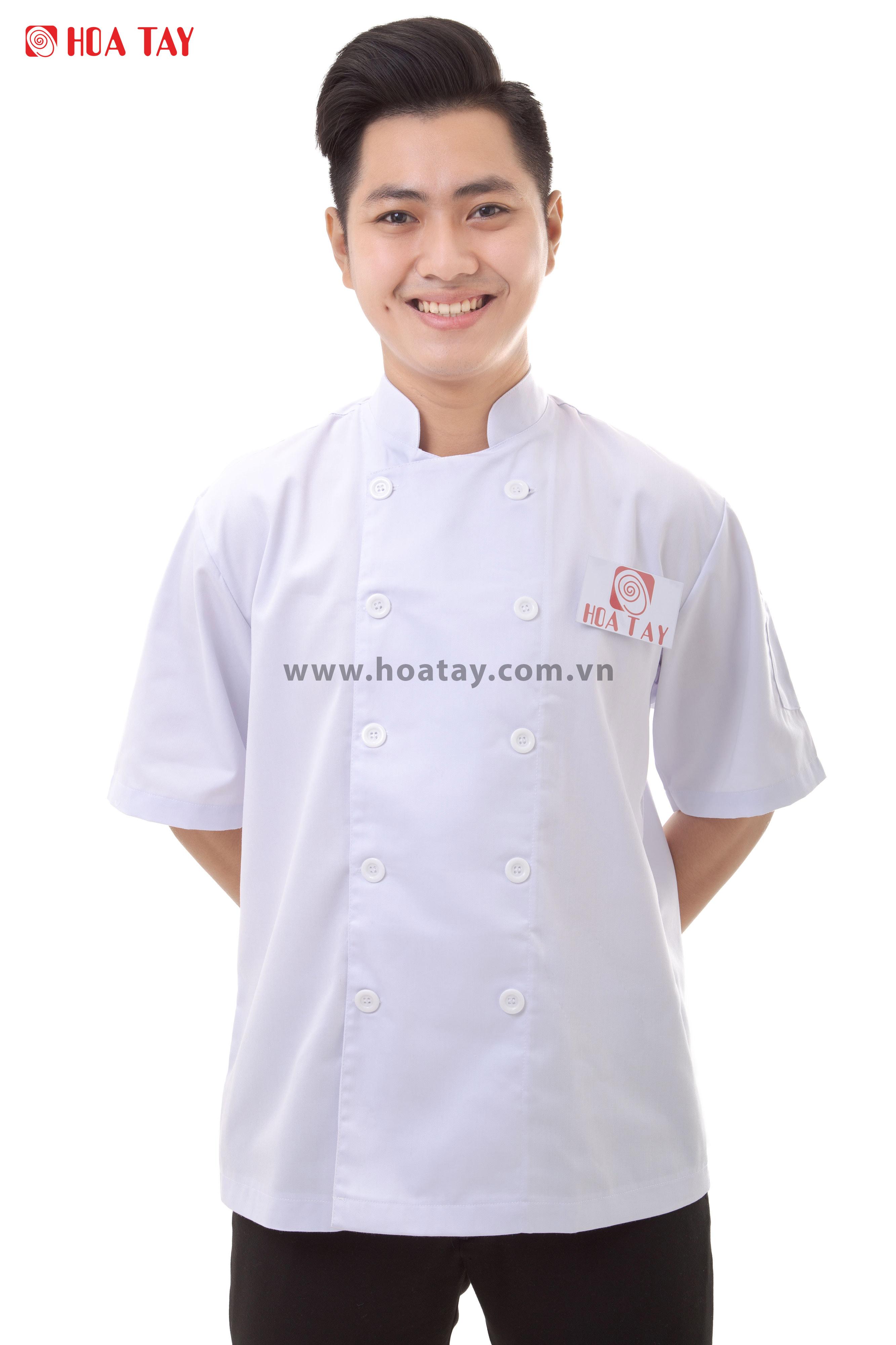 HOA TAY _ Áo Bếp Nam Màu Trắng Tay Ngắn Kaki Nhuyễn