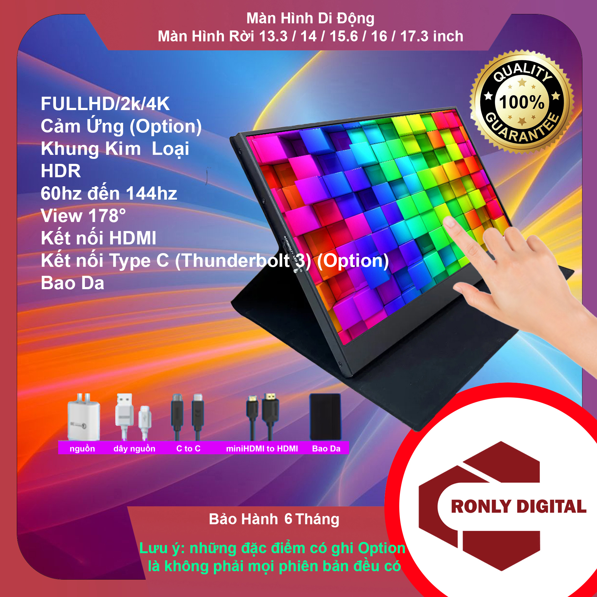 Màn hình di động 11 inch, 13.3 inch, 14 inch, 15.6 inch, 16 inch, 17.3 inch, 18 inch Cảm Ứng (option