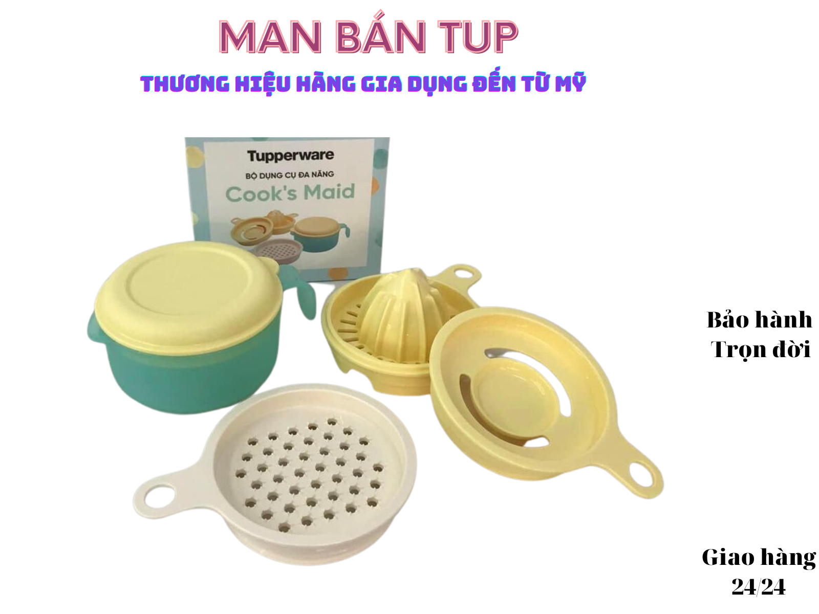 Bộ dụng cụ đa năng cook’s maid, tupperware, dùng vắt nước cam, tách lòng trứng đỏ, mài vỏ thực phẩm