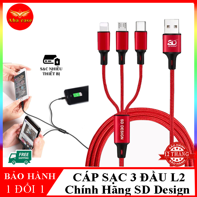 Cáp Sạc L2 Đa Năng 3 đầu Lightning-Micro-Type C dây dù 3 in 1 chính hãng SD Design dùng cho Iphone Samsung Oppo xiaomi