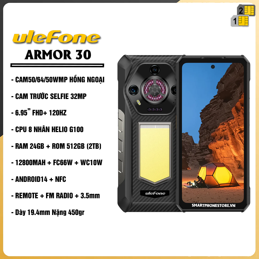 Điện thoại siêu bền Ulefone Armor 30 Pro, 16GB+512GB, Màn hình kép 6,95 inch + 3,4 inch Android 14 pin 12800 hàng chính hãng