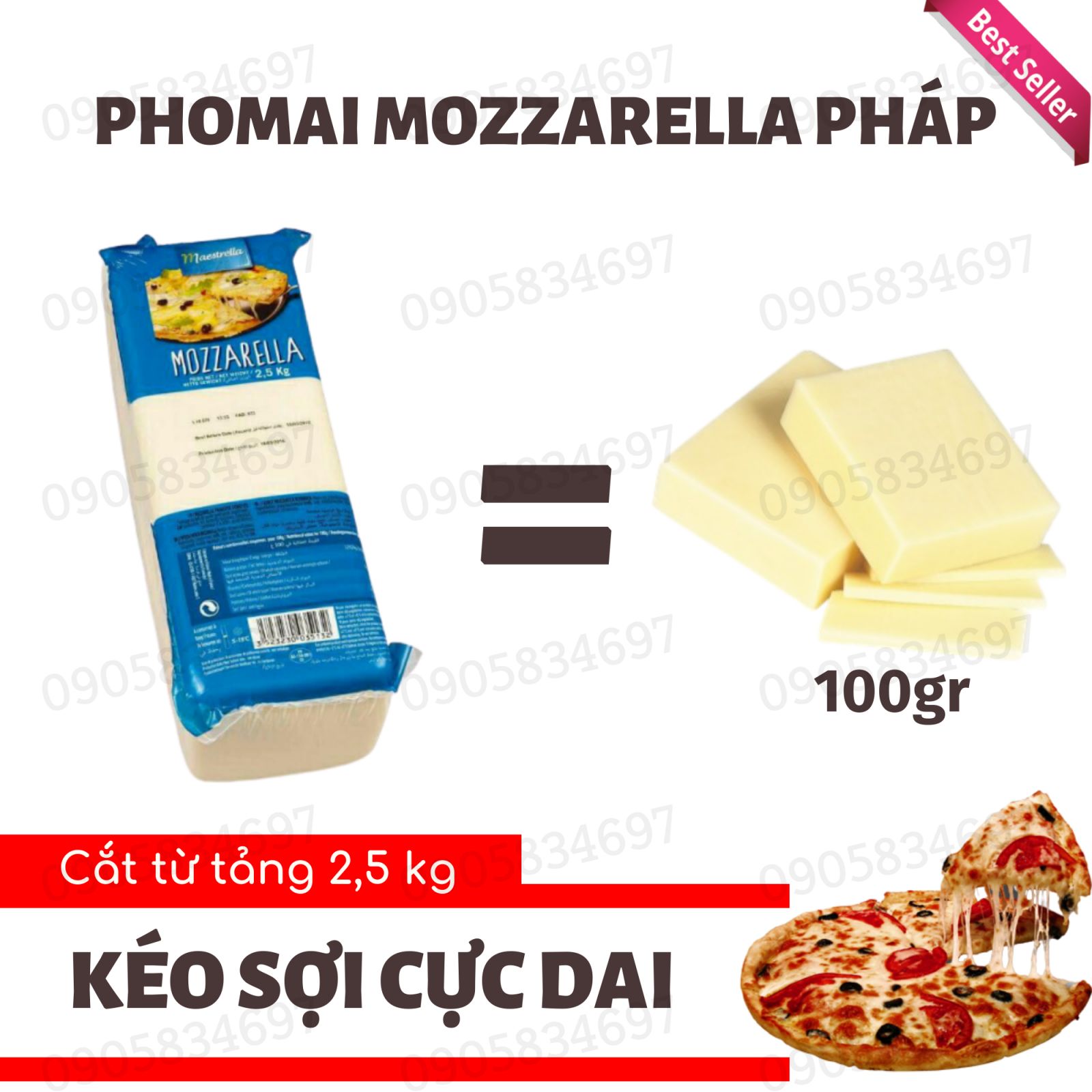 Phô Mai Mozzarella Pháp SIÊU KÉO SỢI - Khối 100gr - TÁCH TỪ TẢNG 2.5KG - DATE 12/2023