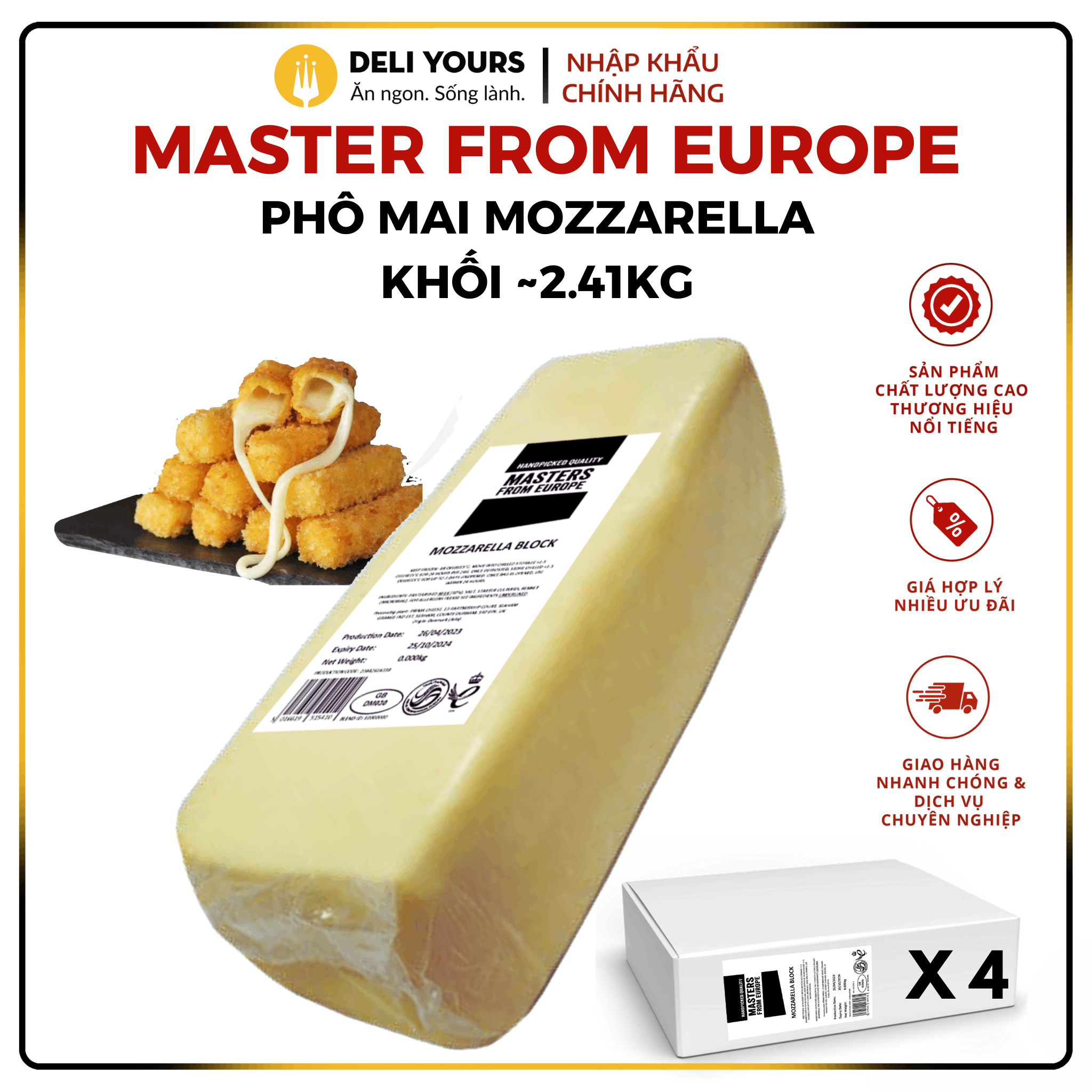 Phô Mai Mozzarella Kéo Sợi Khối ~2.35kg - Phô mai Master From Europe Chính Hãng [Đan Mạch] SHIP HỎA TỐC HCM | Deli Yours