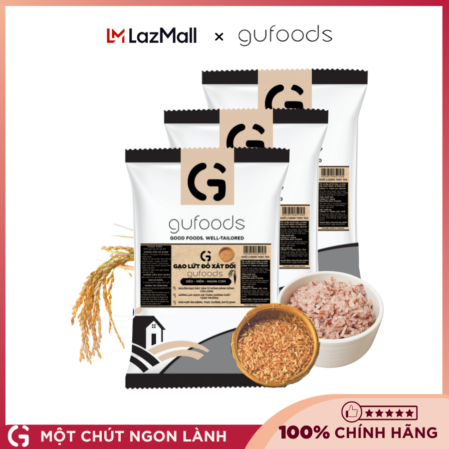 Combo 3 Gạo lứt đỏ xát dối GUfoods (mỗi túi 1kg) - Ăn kiêng, Thực dưỡng, Eat clean